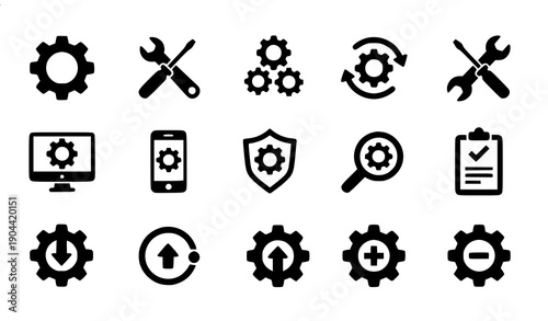 Settings and Configuration Solid Glyph Icon Set Vector
