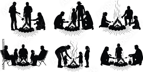 Family Camping Silhouette Collection, People Around Campfire Roasting Marshmallows, Outdoor Picnic, Hiking Groups, Mountain Landscapes, and Wilderness Adventure Vector Set, flavector
