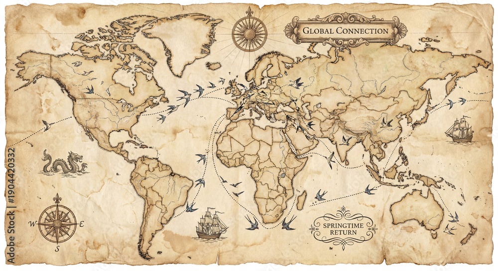 Naklejka premium Vintage world map illustration with migrating birds and ships, representing global connection, travel, and environmental seasons