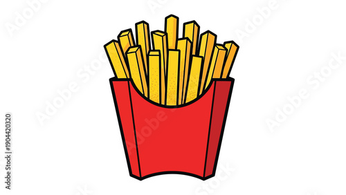A vibrant illustration depicts a portion of golden french fries spilling out from a classic red paper container against a white backdrop high quality professional detailed