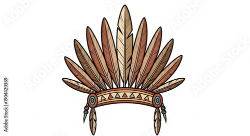 Native american indian headdress with brown and red feathers and traditional tribal headband