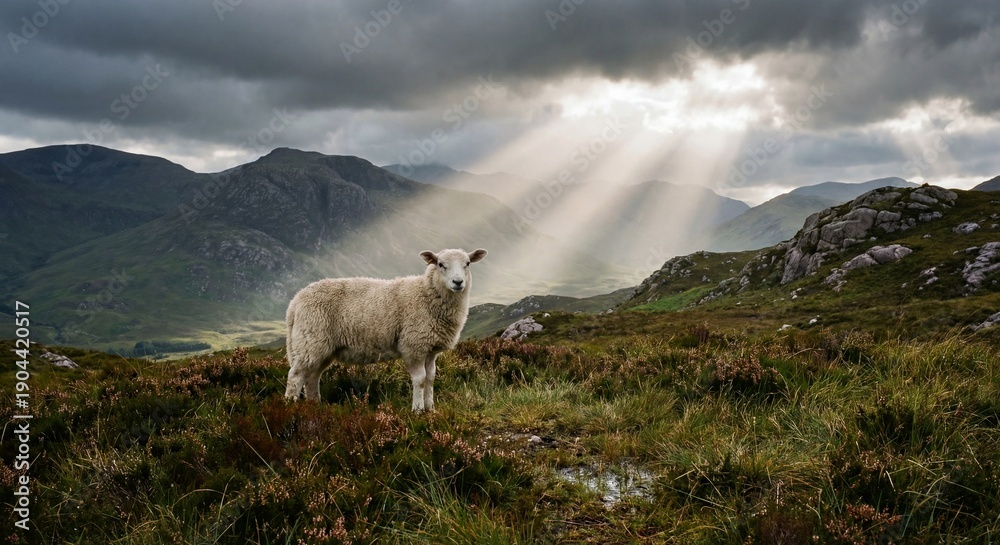 Obraz premium A white lamb standing in a vast mountain landscape with dramatic sunbeams shining through dark clouds, symbolizing peace and purity