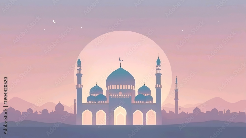 Obraz premium Minimalist Pink and Purple Mosque Landscape for Ramadan Greeting Card