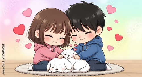 Anime Couple with Puppies
