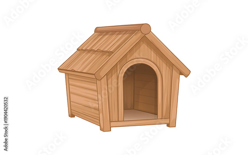 A wooden doghouse with a sloping roof and arched doorway stands alone.