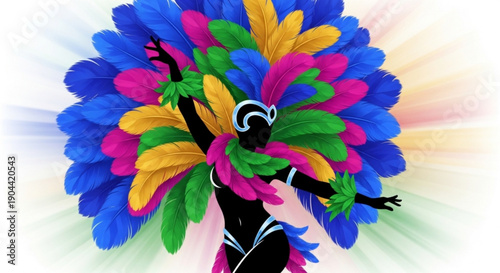 Vibrant dancer in colorful feathered costume dancing with dynamic colorful background