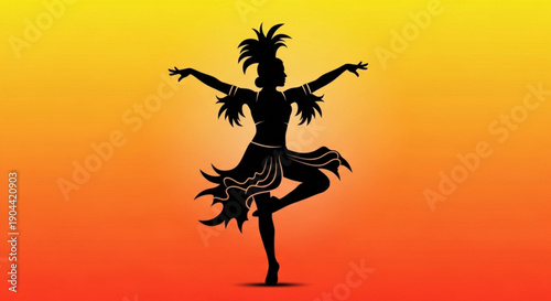 Woman in traditional tribal dance costume dancing on colorful gradient background at sunset
