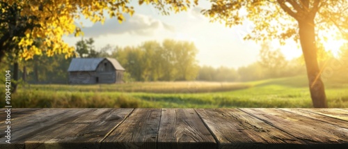 Rustic Wooden Table with Scenic Autumn Landscape Background
