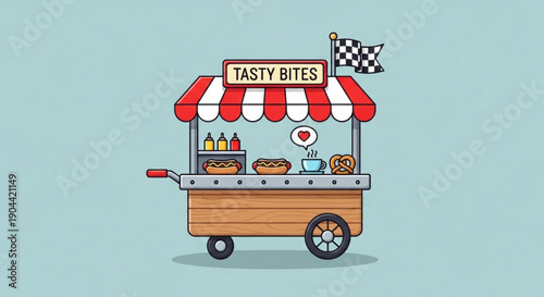 Colorful food cart with red and white striped awning and sign reading tasty bites on wheels against a plain background
