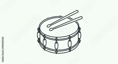 A detailed illustration of a snare drum with drumsticks on top isolated on a plain background for music or musical instrument concepts