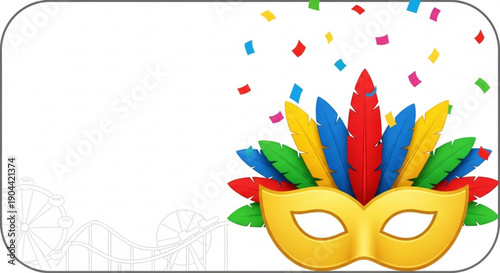 Vibrant mardi gras mask with colorful feathers and confetti on white background for festive celebrations