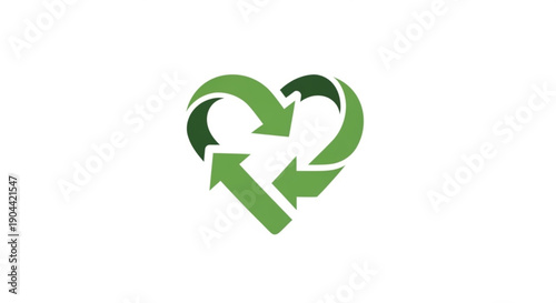 Green heart shaped recycling symbol with arrows on white background representing eco friendly and sustainable living concepts