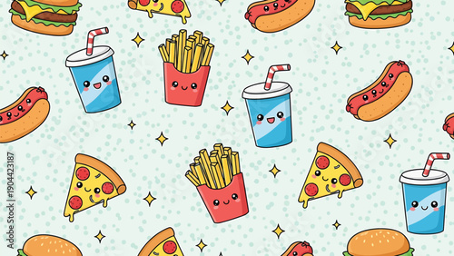 A charming pattern features cute cartoon style fast food items like burgers pizza hot dogs fries and a smiling soda cup high quality professional detailed modern