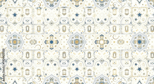 Traditional Ramadan lantern and moon pattern design on a flat, abstract background with blue, gold, and cream colors, featuring a modern and intricate composition.