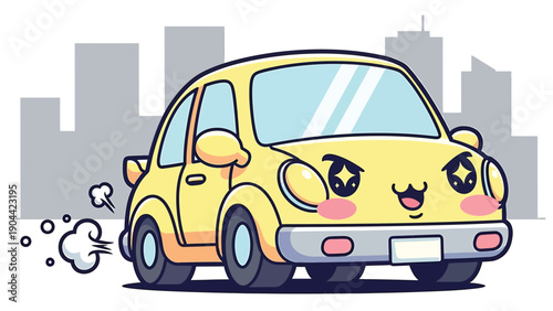 A vibrant yellow cartoon car speeds forward emitting exhaust fumes against a simple grey urban backdrop of geometric buildings high quality professional detailed modern elegant stylish