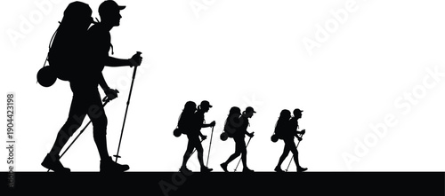 Hiking family silhouette vector illustration, group of hikers walking with backpacks and trekking poles, outdoor adventure travel, flavector nature set.
