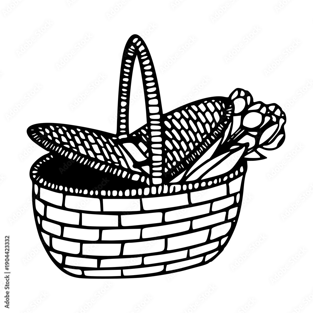 Obraz premium woven picnic basket with flowers illustration
