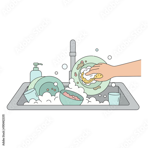 hand washing dishes with sponge and soap foam, dirty plates and glasses in sink, flat vector illustration