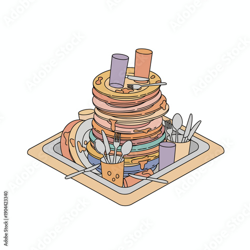messy kitchen sink with stacked dirty plates, glasses and cutlery, flat vector illustration