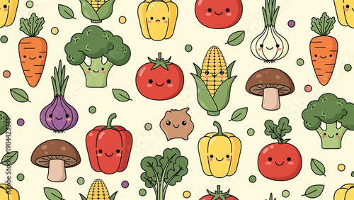 A colorful repeating pattern showcases charming cartoon vegetables and fruits with smiling faces including broccoli carrots and peppers high quality professional detailed modern elegant stylish clean