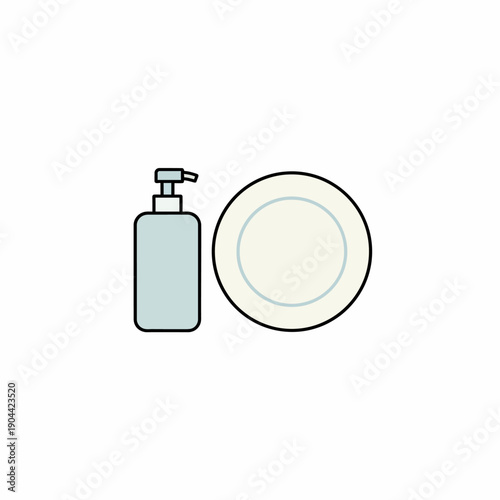 dish soap bottle next to single plate, ultra simple flat vector illustration