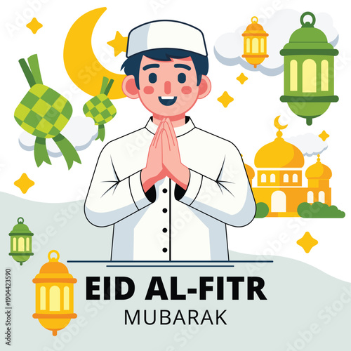 Flat modern Ramadhan illustration with mosque, crescent moon, lantern, and Islamic character