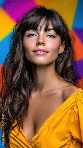 Beautiful Woman with Freckles and Blue Eyes on Colorful Background