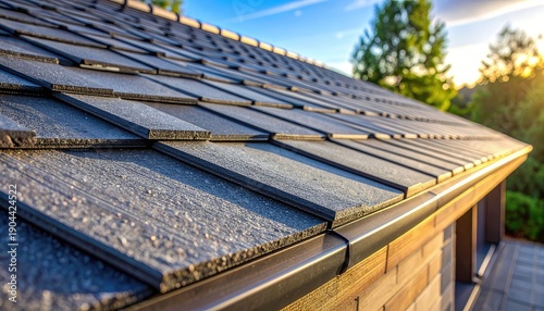 Close-up of dark composite roofing shingles covered in morning frost under a bright sky.