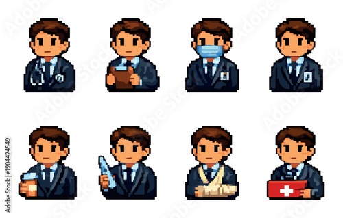 Pixel art male doctor icons in various medical professions