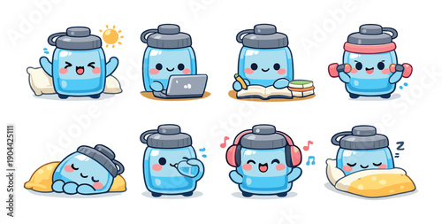 Cute cartoon water bottle characters with daily activities
