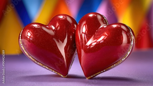 Two Glossy Red Hearts for Valentine's Day Romantic Love Background