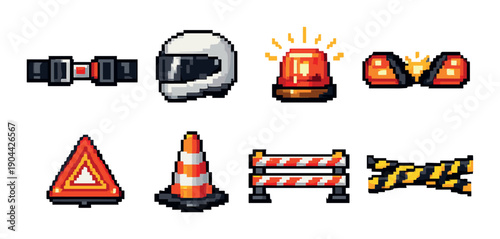 Pixel art road safety icons: helmet, beacon, barriers, cones, lights