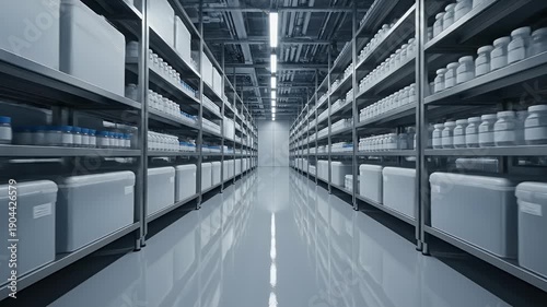 Warehouse Storage Shelves with Containers and Boxes.
