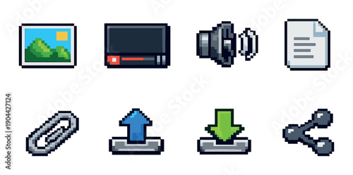 Digital interface icons: media, audio, file, link, share, upload, download