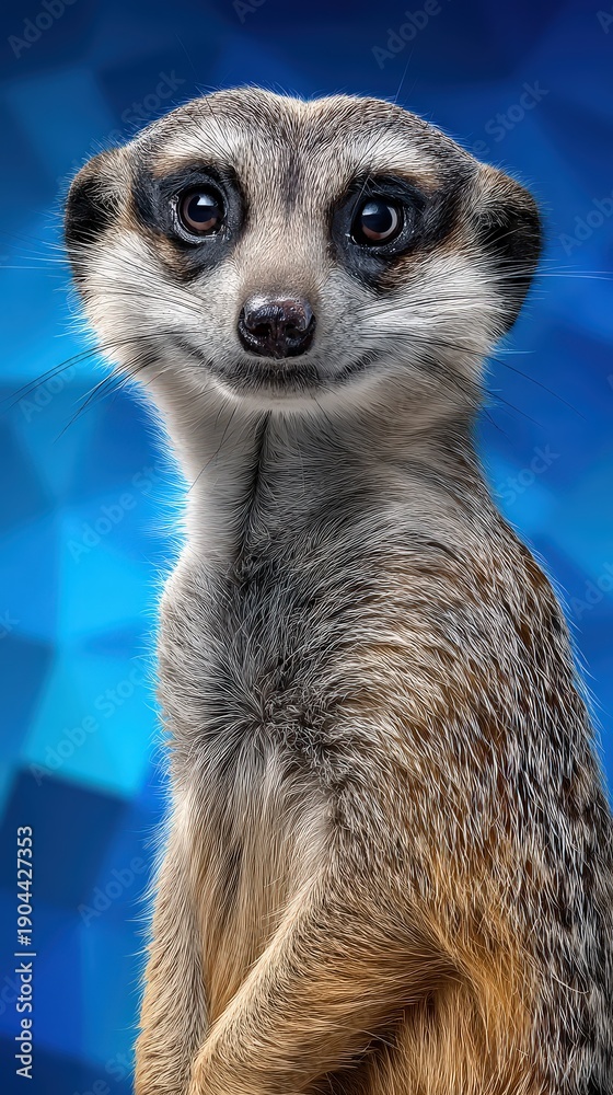 Fototapeta premium Adorable Meerkat Portrait Close-up on Abstract Blue Background