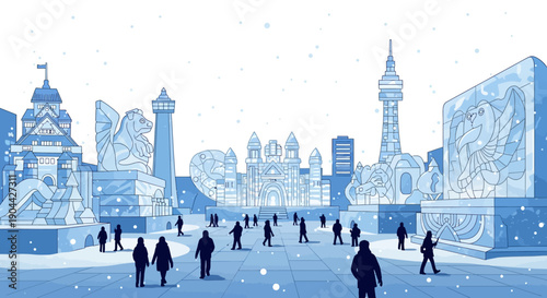 Illustration of people enjoying Sapporo Snow Festival with ice sculptures and snow buildings in a cold winter scene.