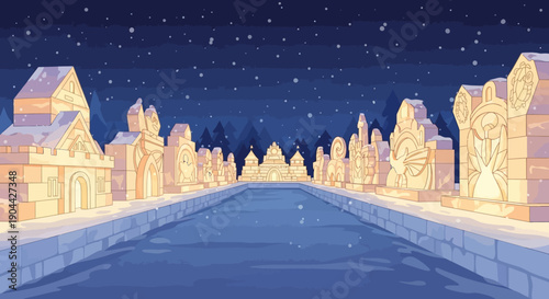 Illustration of a serene winter scene with ice sculptures at the Sapporo Snow Festival in Japan, featuring snow buildings and castles under a starry night sky with a frozen canal.
