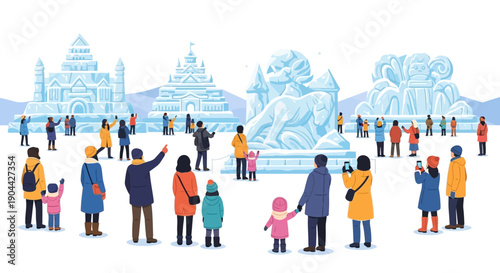 Vector illustration of people enjoying Sapporo Snow Festival with ice sculptures in Japan, featuring a large ice sculpture of a lion and snow buildings, conveying a happy and cold winter