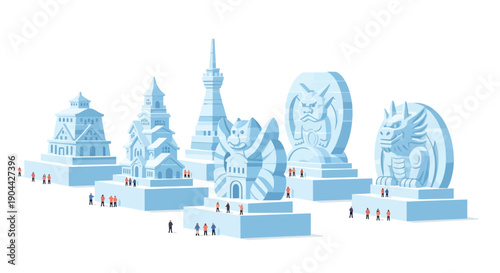 Illustration of ice sculptures at Sapporo Snow Festival, featuring snow castles, buildings, and famous landmarks with people, conveying a joyful winter celebration.