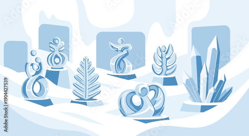 Illustration of ice sculptures at Sapporo Snow Festival, featuring people, snow buildings, and snow castles in a cold winter scene with happy celebration.