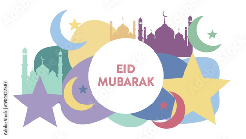 Celebratory Eid Mubarak illustration featuring crescent moons, stars, and mosque silhouettes in a festive, colorful arrangement