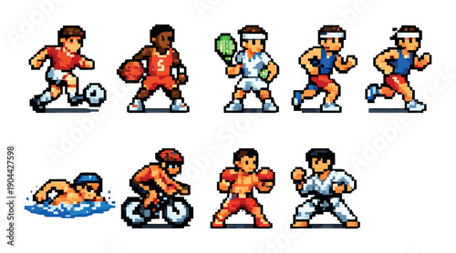 Pixel art athletes: soccer, basketball, tennis, running, swimming, cycling, boxing, martial arts