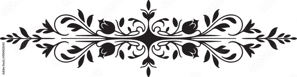 Fototapeta premium Black Floral Scroll Divider, Vintage Ornament with Elegant Leaves and Buds for Classic Design Elements
