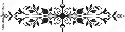 Black Floral Scroll Divider, Vintage Ornament with Elegant Leaves and Buds for Classic Design Elements