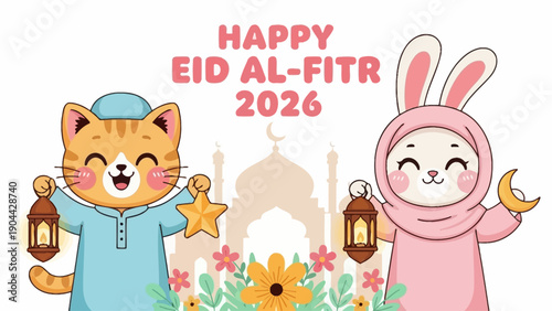 Cartoon cat and rabbit celebrating Eid al-Fitr with lanterns and flowers in a festive scene