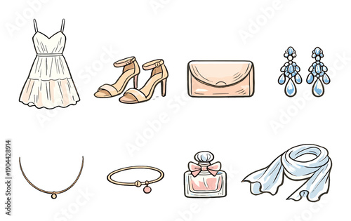 Elegant fashion set: dress, heels, jewelry, perfume, scarf for stylish women