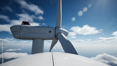 Wind Turbine Blades Rotating Above Clouds.