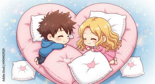 Cute anime couple sleeping on heart pillows.