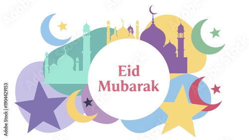 Celebration of Eid with colorful stars and mosques in a festive illustration