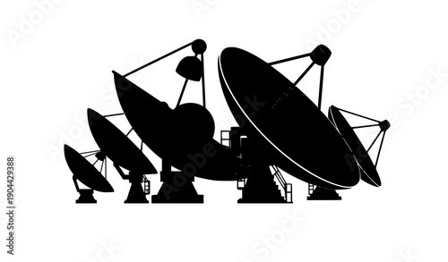Parabolic satellite dish silhouettes black vector icons isolated on white background
